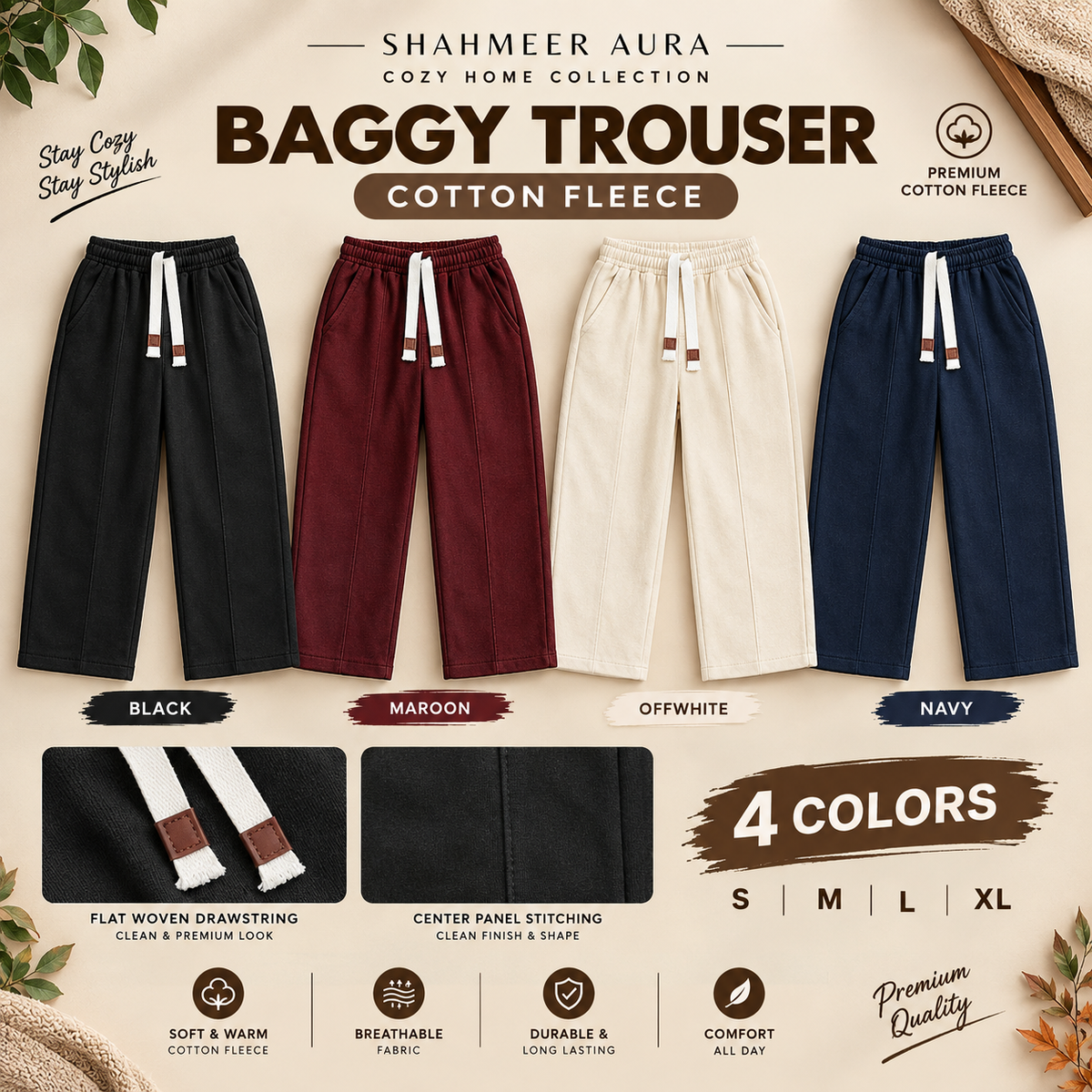 Shahmeer Aura Premium Cotton Fleece Baggy Trouser 300+GSM